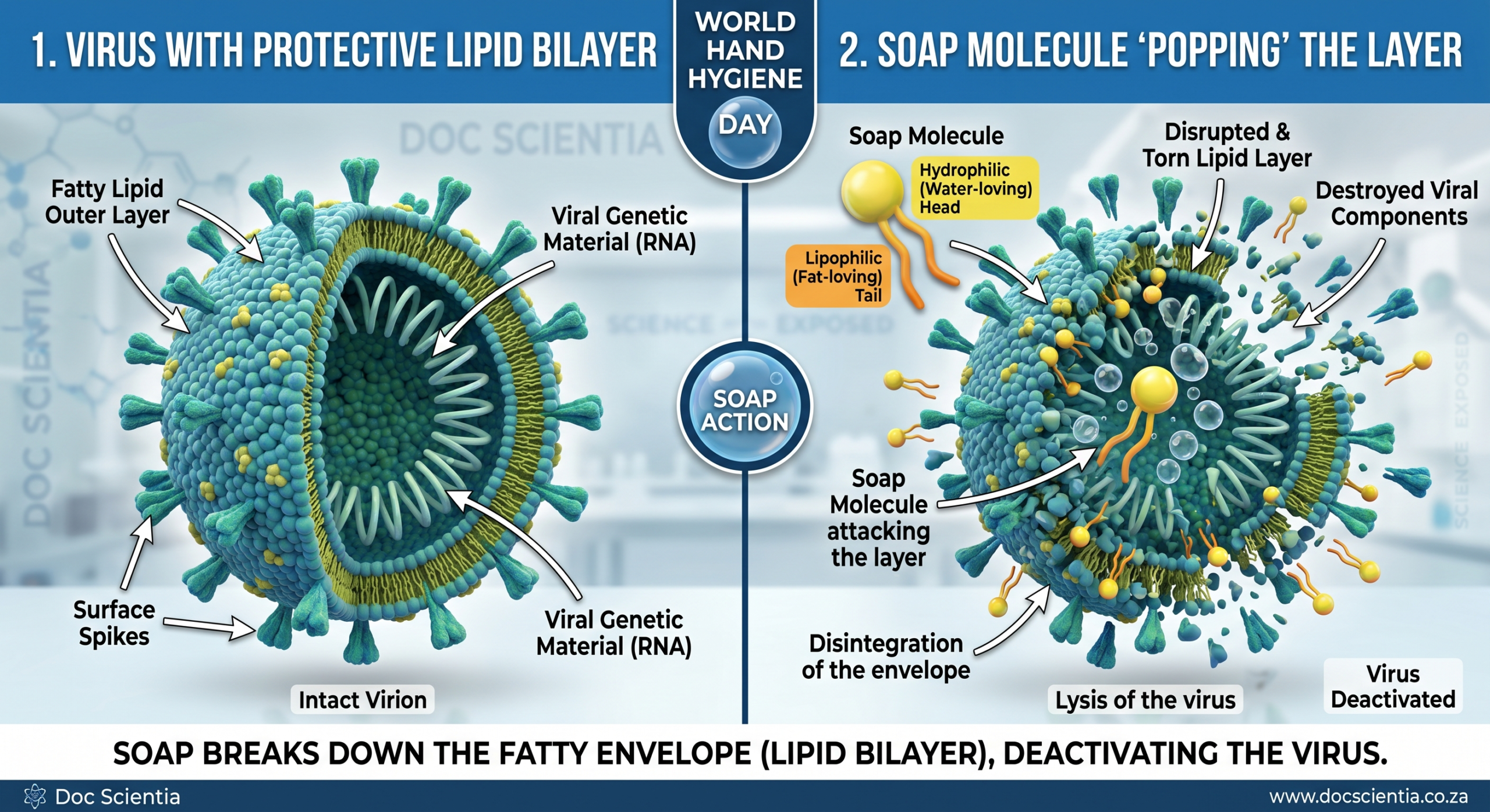 Infographic about soap molecule popping the protective lip bilayer of a virus
